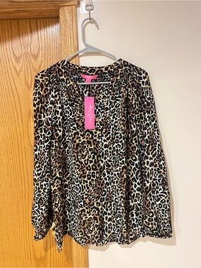 Lilly Pulitzer Leopard Print Long-Sleeve Blouse - Black, Brown, Cream